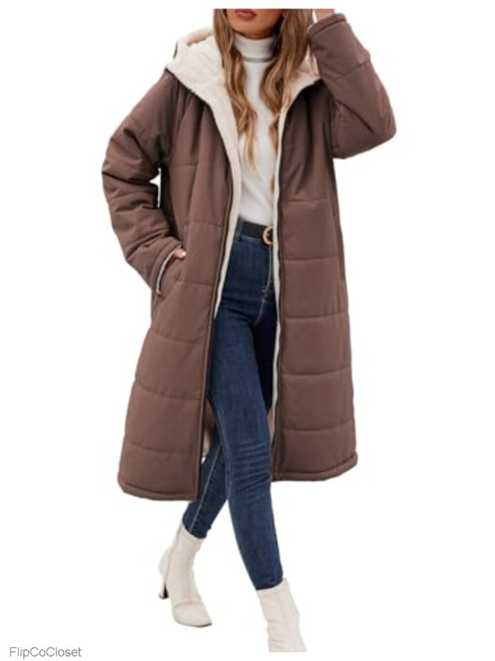 Women's Long Fleece Hooded Winter Coat Oversized Warm Zip Jacket